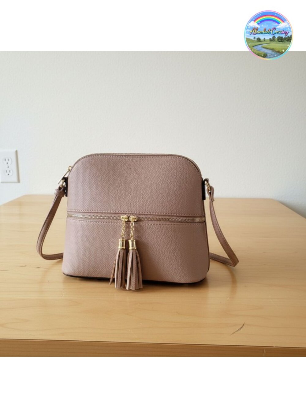 Vegan PU Leather Dome Crossbody Bag Tassel Zipper Adjustable Strap